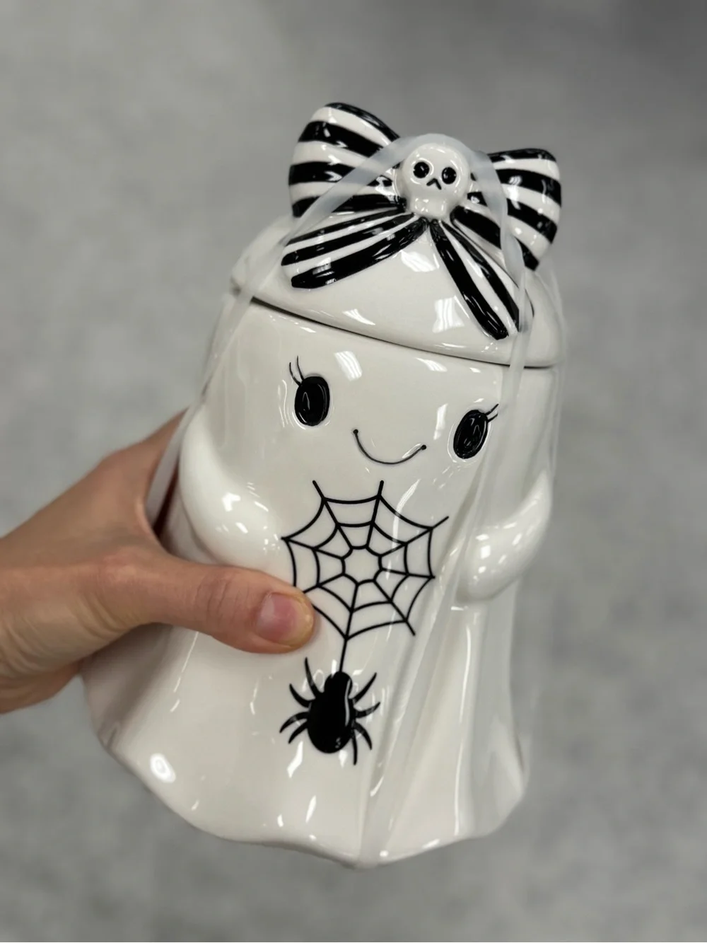 White Ceramic Ghost Cookie Jar with Black Spider Web Accent